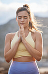 Zen, meditation and woman pray in nature for mental health wellness. Young yoga fitness lifestyle training person, calm spiritual exercise and peace meditate namaste praying in summer outdoors