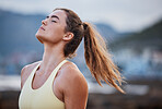 Woman meditation, breathing and spiritual wellness freedom after workout in a city. Calm breathe of fresh air, natural outdoor free, faith and relax after fitness, exercise and training in New York