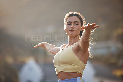 Buy stock photo Yoga, fitness and exercise with a woman training outdoor for health, wellness or serene lifestyle. Workout, motivation and zen with a young female athlete exercising outside alone to stay active