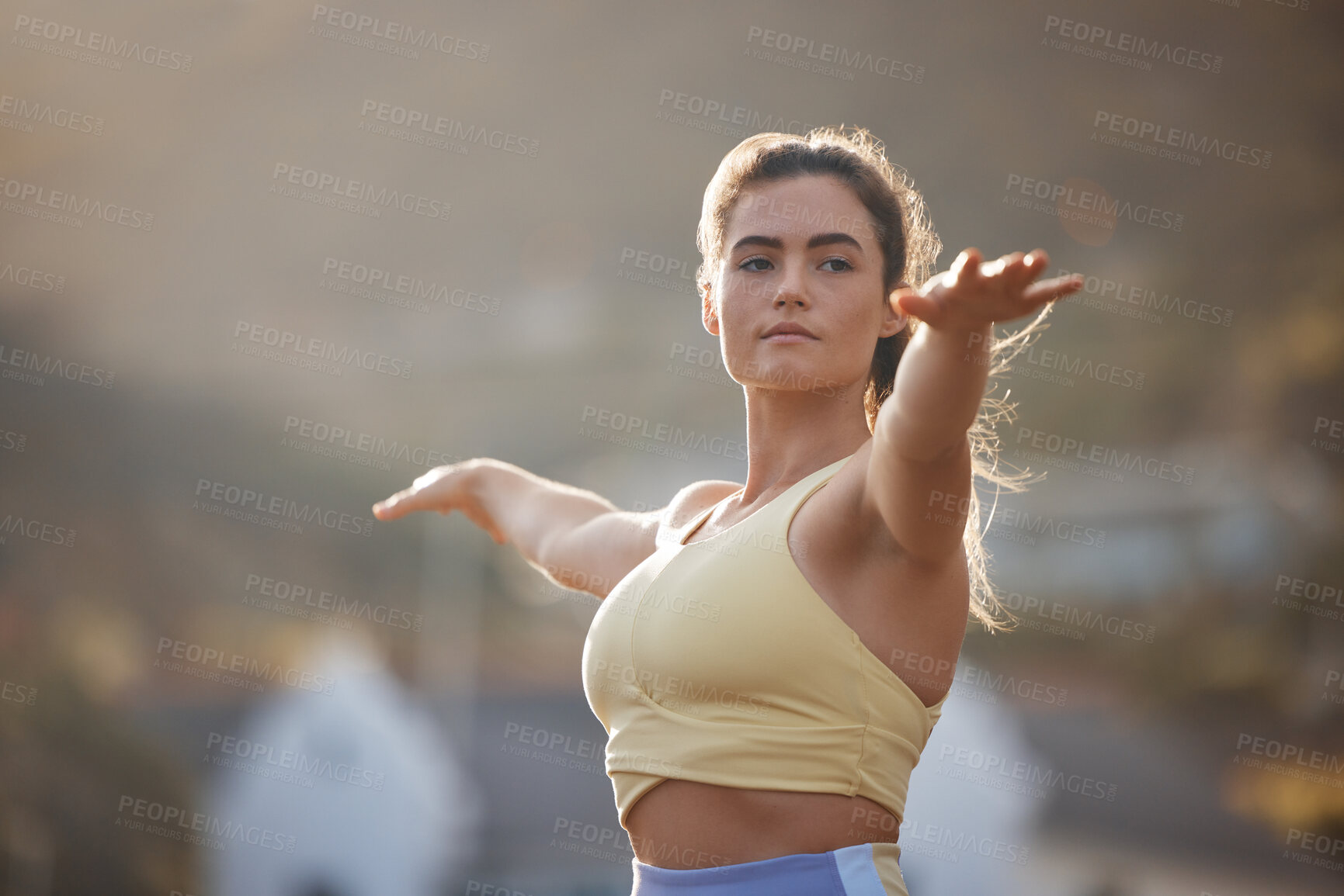 Buy stock photo Yoga, fitness and exercise with a woman training outdoor for health, wellness or serene lifestyle. Workout, motivation and zen with a young female athlete exercising outside alone to stay active