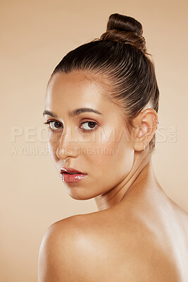 Buy stock photo Skincare, woman and body for cosmetics, wellness for glow and brown studio background. Portrait, young female and confident girl for body care, natural beauty and smooth skin for organic health