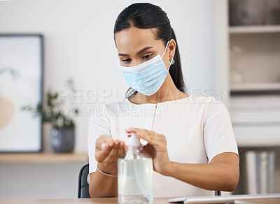 Buy stock photo Bacteria, covid and woman cleaning hands for medical and healthcare compliance in an office at work. Mexico, coronavirus and worker in face mask washing fingers with hand sanitizer to stop spread