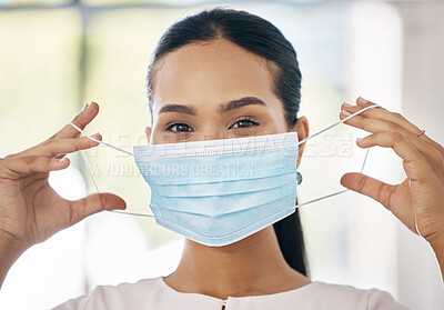 Buy stock photo Face mask, woman and covid healthcare for medical protection, professional safety and covid 19 pandemic vaccine center. Healthcare, a worker with mask and clinic at coronavirus virus treatment clinic
