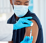 Doctor hand, syringe and covid vaccine, face mask and safety against virus, medicine and healthcare. Black man, patient and medical expert with covid 19 vaccination ro compliance at a health clinic