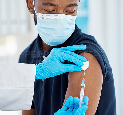 Buy stock photo Doctor hand, syringe and covid vaccine, face mask and safety against virus, medicine and healthcare. Black man, patient and medical expert with covid 19 vaccination ro compliance at a health clinic