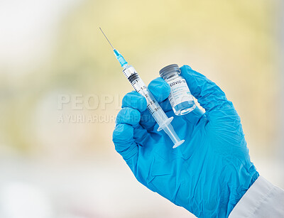 Buy stock photo Covid vaccine, bottle and needle in hand for medical innovation, safety and compliance in hospital, clinic or laboratory. Covid 19 vaccination doctor or pharmacist for corona virus healthcare mock up