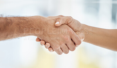 Buy stock photo Businessman, woman and handshake in teamwork collaboration, b2b partnership or sales deal success in office. Zoom, workers or employees in thank you, welcome or company agreement gesture for support