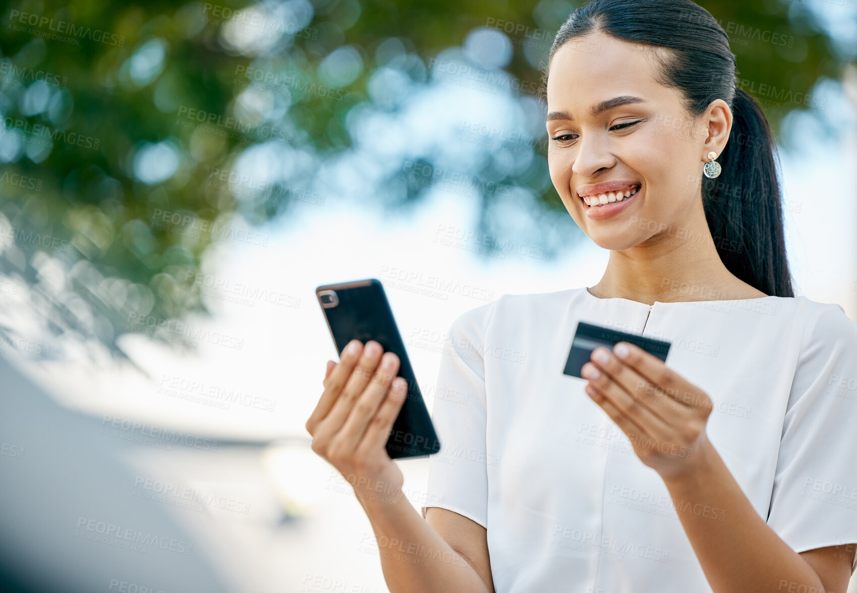 Buy stock photo Woman, phone and credit card for ecommerce, online shopping or transaction in the outdoors. Happy female with smile for internet banking, 5G or fintech app purchase on mobile smartphone technology