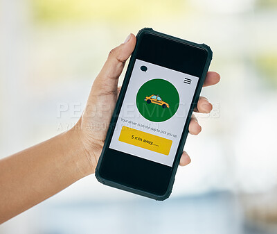 Buy stock photo Hand, phone and taxi app for travel or car transportation on a website homepage screen with a responsive design. Notification, network and traveling customer or application user waiting for a driver 
