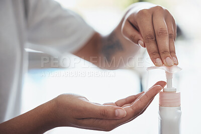 Buy stock photo Hands, cleaning and soap with a black woman washing for hygiene alone in the bathroom of her home. Health, bacteria and liquid with a female disinfecting or sanitizing her hand and skin in a house