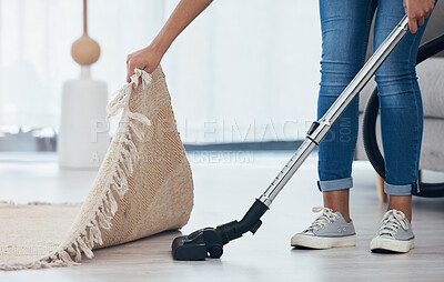 Buy stock photo Vacuum, floor and woman cleaning under a carpet in the living room of a house. Housekeeping, service and cleaner vacuuming in the lounge with a rug or mat for care and disinfection of dirt in home