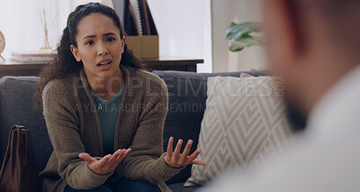 Buy stock photo Therapy, mental health and woman talking to a therapist about stress, depression and anxiety during consultation. Psychology, communication and girl with a psychologist for help with mind and problem