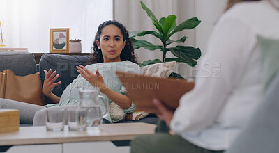 Buy stock photo Stress, anxiety or pregnant woman talking to psychologist on mental health, support or perinatal depression healthcare clinic sofa. Pregnancy, fear or scared mother on couch in psychology counseling