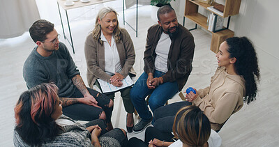 Buy stock photo Team building, therapy group and people in circle for mental health support, communication and counseling service in office. Diversity, community and trust group of people in psychology talk together