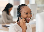 Black woman, customer support agent and sales employee with a smile working at digital call center or online telemarketing insurance business. Crm consultant at office desk, helping client and happy 