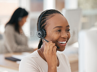 Buy stock photo Black woman, customer support agent and sales employee with a smile working at digital call center or online telemarketing insurance business. Crm consultant at office desk, helping client and happy 