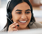 Woman, face and smile in call center for consulting, telemarketing or customer support at the office. Happy female employee consultant smiling with headset in communication for online service or help