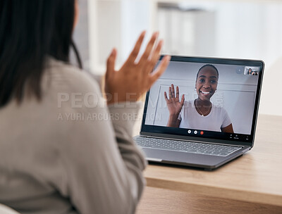 Buy stock photo Women, video call wave and laptop with friends talking and being social online. Female, friendship and video conference or webinar for bonding and talking online for voip communication at home