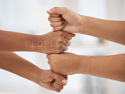 Buy stock photo Fist bump, hands and team building for a mission, collaboration and business partnership goals with our vision. Teamwork, support and employees with commitment, motivation and handshake in a meeting