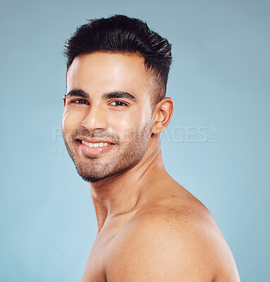 Buy stock photo Skincare, smile and portrait of a man with clean facial hair, wellness and happy against blue mockup studio background. Beauty, cleaning and face of a model with happiness from cosmetic dermatology
