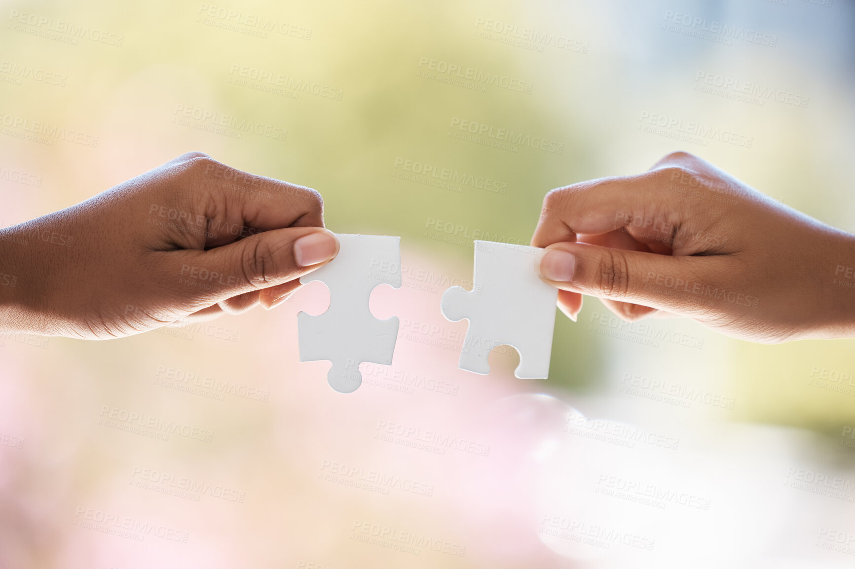 Buy stock photo Puzzle, hands and businesspeople connected for company merger and support. Partner, collaborate and problem solving for synergy and successful business vision. Unity, connect and puzzle pieces