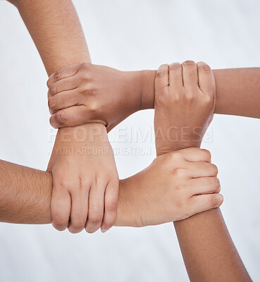 Buy stock photo Hands, collaboration and joined people holding hands for unity, solidarity and connection. Community, support and teamwork with colleagues working together. Union, partnership and motivated people 