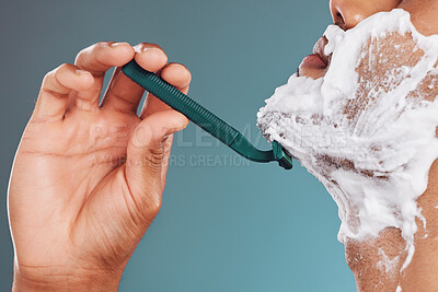 Buy stock photo Shaving foam, razor and skincare mockup with man cleaning his face with care for healthy, clean and smooth skin. Male in studio for dermatology, shaved beard and cosmetics for wellness and health