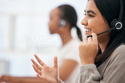 Buy stock photo Call center, smile and consultant talking, consulting and working in crm communication at telemarketing company. Support, happy and face of young customer service worker giving help to people online