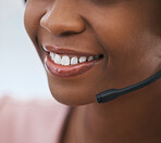 Face, mouth and smiling customer service operator with client advice using a headset. Support, telemarketing and contact us with call center staff happy to help, consult customers in communication