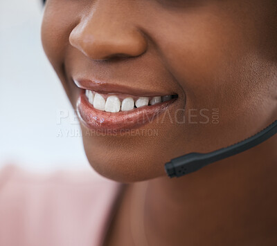 Buy stock photo Face, mouth and smiling customer service operator with client advice using a headset. Support, telemarketing and contact us with call center staff happy to help, consult customers in communication