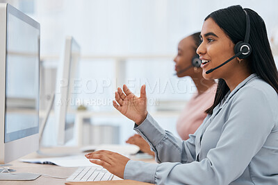 Buy stock photo Call center, computer and woman talking at desk in telemarketing, customer service and CRM office. Female with headset working as sales, customer support and contact us consultant for advice and help