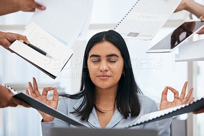 Busy, stress and woman meditate in the office, hands holding paperwork, documents and tablet around her. Stress free, workload and calm Indian woman in workplace for peace, zen and relaxed lifestyle