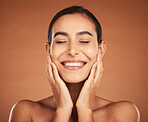 Woman, beauty and healthy facial skincare with natural, organic cosmetic routine and self care. Happy face, a model with a smile and satisfied with clean skin, hygiene and cosmetics spa mockup studio