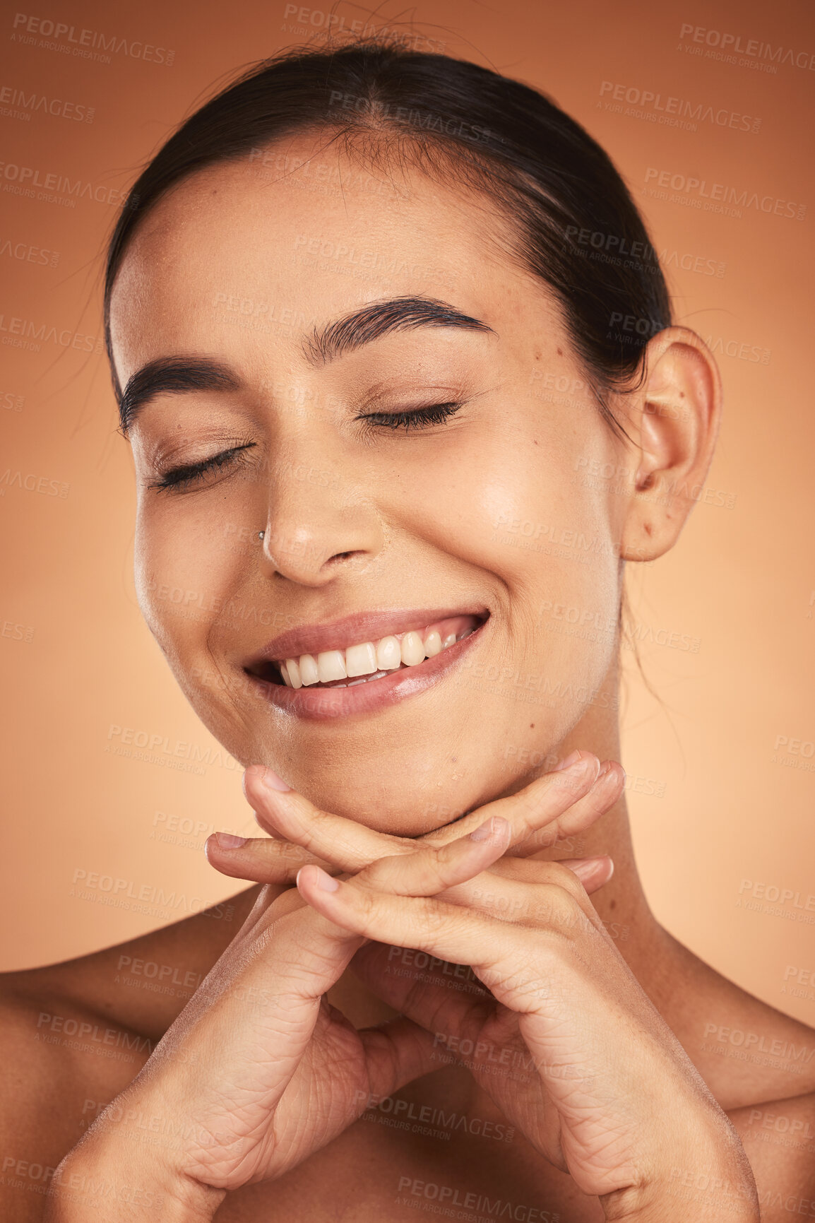 Buy stock photo Beauty, skincare and face of happy woman posing for cosmetics and wellness advertising. Makeup, health and skin care with hispanic female in cosmetology or dermatology marketing campaign 