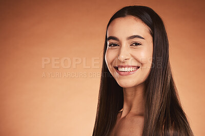 Buy stock photo Beauty, smile and hair care with portrait of woman and mockup for makeup, cosmetics and luxury shampoo. Wellness, happy and salon with girl model for keratin, haircut and gloss hairdresser treatment 
