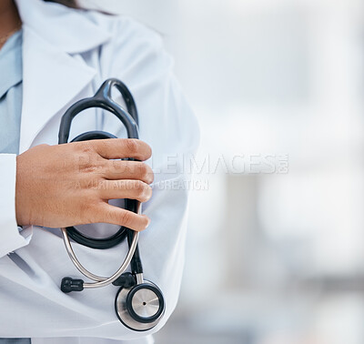 Zoom of doctor, healthcare or stethoscope in hand for cardiology, medical leadership or health wellness in hospital. Medicine, insurance or woman nurse for help, support or heart surgeon in clinic