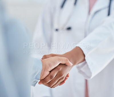 Buy stock photo Handshake, trust and thank you with patient and doctor or medical worker shaking hands, greeting or introduction during consultation. People hand welcome gesture or welcome, partnership or help
