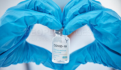 Buy stock photo Covid, vaccine and heart with hands of doctor for medicine,  and lab research with bottle. Medical, healthcare and drug with clinic worker holding treatment for pharmacy, innovation and science