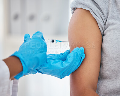 Buy stock photo Covid vaccine, needle and patient getting an injection from a doctor with gloves at a medical clinic. Healthcare, medicine and nurse giving a antibody vaccination to prevent coronavirus at a hospital