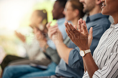 Buy stock photo Hands, happy and business people clapping hands in support of speech or presentation at tradeshow. Hand, audience and motivation from crowd training, workshop or conference for sales, growth and goal