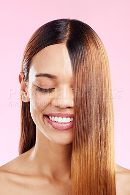 Woman, beauty smile and hair in studio for salon, hairdresser or shine  shampoo or treatment. Skincare and makeup glow or hairstyle of aesthetic  model on a pink background for self care cosmetics |