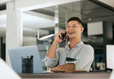 Buy stock photo Businessman, happy phone call and office with smile for deal, agreement or sale while networking. Man, happiness and success in telemarketing, consulting and advice to client at desk