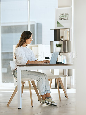 Buy stock photo Woman, working and laptop at digital marketing company, eco startup and work with technology at desk. Green business, seo content writing and online research for blog post or social media advertising