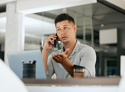 Buy stock photo Phone call, laptop and explain with a business man talking or negotiating a deal using mobile communication. Computer, discussion and smartphone with a male employee working on negotiation in office