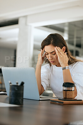 Buy stock photo Stress, headache and laptop with business woman for burnout, overworked and anxiety. Mental health, fatigue and depression with tired employee and deadline suffering with problem, fail and mistake