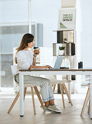 Buy stock photo Laptop, coffee and business woman in office drinking espresso or cappuccino. Computer, tea and female from Canada with hot beverage while typing report, research or reading email in company workplace