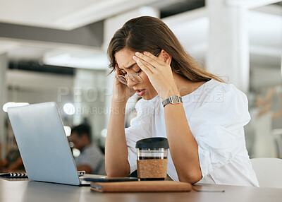 Buy stock photo Freelance woman, burnout headache and head pain from work stress, overtime and mental health fatigue problem. Remote worker, tired and unwell while suffering from bad migraine, anxiety and exhaustion