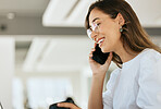Phone call, communication and talking with a business woman in discussion while working in her office. Contact, glasses and networking with a female employee chatting on her smartphone at work