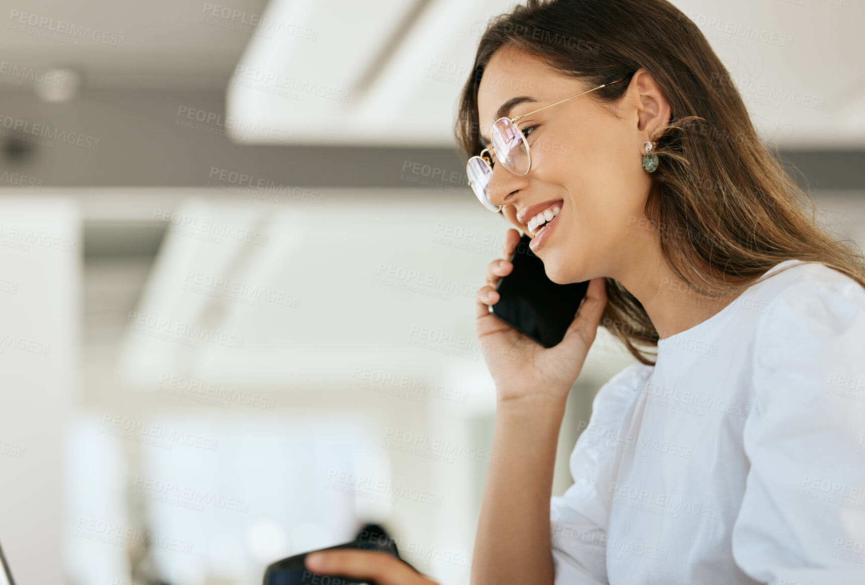 Buy stock photo Phone call, communication and talking with a business woman in discussion while working in her office. Contact, glasses and networking with a female employee chatting on her smartphone at work