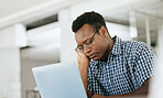 Burnout, depression and black man at work laptop with deadline, email and report at engineer workplace. Fatigue, tired and thinking engineering employee unhappy working at office with problem.
